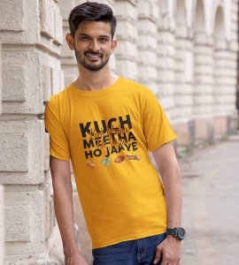 Kuch meetha ho jaye printed diwali themed unisex round neck blended yellow t-shirt specially for diwali festival
