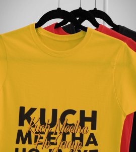 Kuch meetha ho jaye printed diwali themed unisex round neck blended yellow t-shirt specially for diwali festival