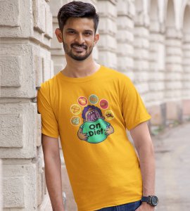 Animated fatty boy printed diwali themed unisex round neck blended yellow t-shirt specially for diwali festival