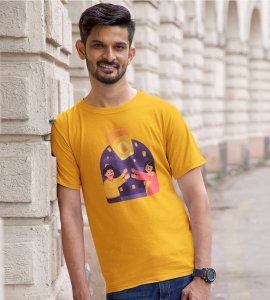 Air balloon & animated couple printed diwali themed unisex round neck blended yellow t-shirt specially for diwali festival
