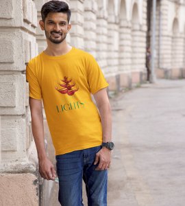 Diyas opposite wise framed printed diwali themed unisex round neck blended yellow t-shirt specially for diwali festival