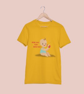 Risk hai printed diwali themed unisex round neck blended yellow t-shirt specially for diwali festival