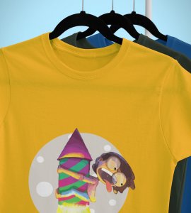 Baby cracker printed diwali themed unisex round neck blended yellow t-shirt specially for diwali festival