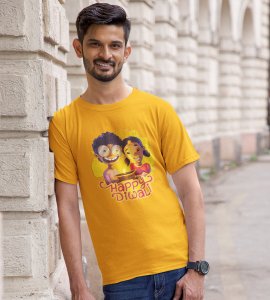 Diyas light and animated kids printed diwali themed unisex round neck blended yellow t-shirt specially for diwali festival