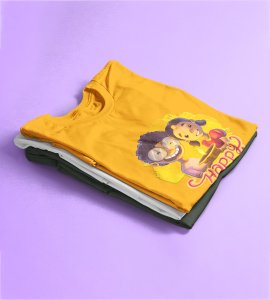 Diyas light and animated kids printed diwali themed unisex round neck blended yellow t-shirt specially for diwali festival