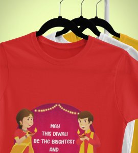 Gujju animated couple printed diwali themed unisex round neck blended red t-shirt specially for diwali festival