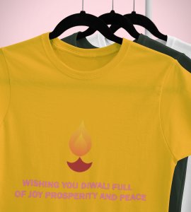 Wishing you printed diwali themed unisex round neck blended yellow t-shirt specially for diwali festival