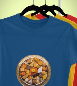 A plate of sweets printed diwali themed unisex round neck blended blue t-shirt specially for diwali festival