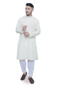 Men's Lime Yellow Kurta Set with Artistic Prints - Traditional Grace Reimagined