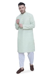 Elegant Pista Green Cotton Men's Kurta with Floral Print