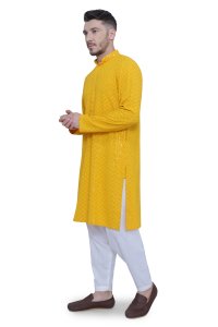 Vibrant Yellow Chikankari Men's Kurta Set in High-Quality Fabric