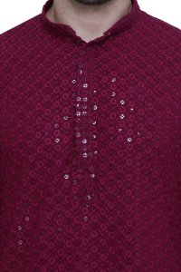 Exquisite Wine Color Chikankari Men's Kurta Set in High-Quality Fabric