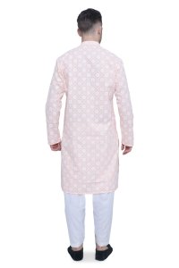 Stylish Peach Cotton Men's Kurta with Floral Print