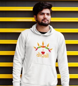 Classic earthen lamp /diyas vertically bended printed diwali themed White Hoodie specially for diwali festival
