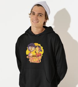 Diyas light and animated kids printed diwali themed black Hoodie specially for diwali festival