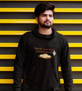 Keep the soan papdi printed diwali themed black Hoodie specially for diwali festival