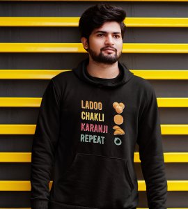 Laddoo, chakli, Karanji, repeat printed diwali themed black Hoodie specially for diwali festival