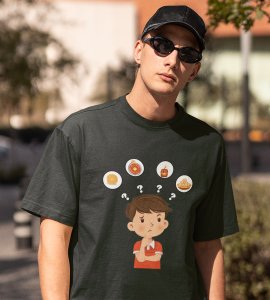 A child thinking printed diwali themed unisex round neck blended green t-shirt specially for diwali festival