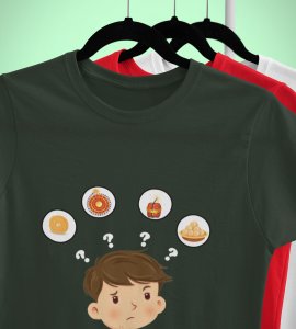 A child thinking printed diwali themed unisex round neck blended green t-shirt specially for diwali festival