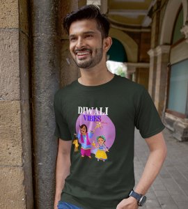 Traditional dressup combined father-daughter duo printed diwali themed unisex round neck blended green t-shirt specially for diwali festival