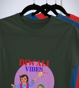 Traditional dressup combined father-daughter duo printed diwali themed unisex round neck blended green t-shirt specially for diwali festival