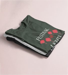 Festival of lights text printed diwali themed unisex round neck blended green t-shirt specially for diwali festival