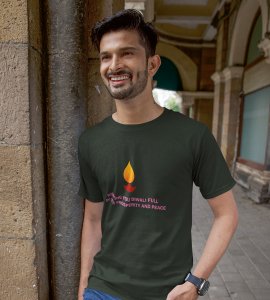 Wishing you printed diwali themed unisex round neck blended green t-shirt specially for diwali festival