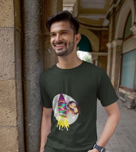 Rocket cracker printed diwali themed unisex round neck blended green t-shirt specially for diwali festival