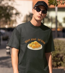 Laddoo printed diwali themed unisex round neck blended green t-shirt specially for diwali festival