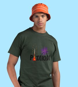 Patakha printed diwali themed unisex round neck blended green t-shirt specially for diwali festival