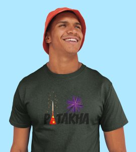 Patakha printed diwali themed unisex round neck blended green t-shirt specially for diwali festival