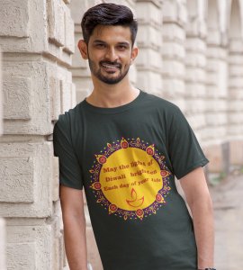 Small diyas surrounded mandala art printed diwali themed unisex round neck blended green t-shirt specially for diwali festival
