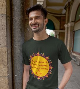 Small diyas surrounded mandala art printed diwali themed unisex round neck blended green t-shirt specially for diwali festival