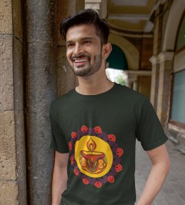 Rangoli mandala art (diya) printed diwali themed unisex round neck blended green t-shirt specially for diwali festival