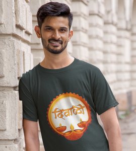 Diwali (three diyas) printed diwali themed unisex round neck blended green t-shirt specially for diwali festival