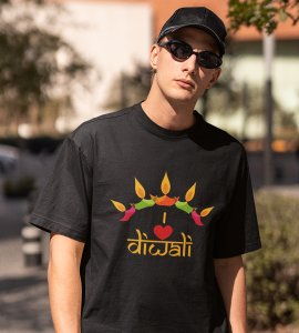 Classic earthen lamp /diyas vertically bended printed diwali themed round neck black t-shirt specially for diwali festival