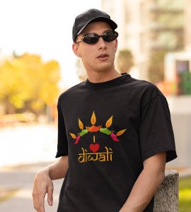 Classic earthen lamp /diyas vertically bended printed diwali themed round neck black t-shirt specially for diwali festival