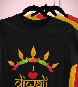 Classic earthen lamp /diyas vertically bended printed diwali themed round neck black t-shirt specially for diwali festival