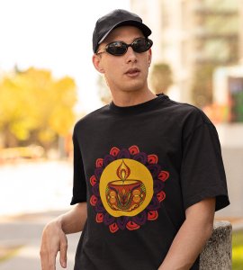 Rangoli mandala art (diya) printed diwali themed unisex round neck blended black t-shirt specially for diwali festival