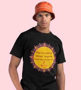 Small diyas surrounded mandala art printed diwali themed unisex round neck blended black t-shirt specially for diwali festival