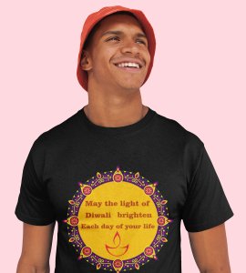 Small diyas surrounded mandala art printed diwali themed unisex round neck blended black t-shirt specially for diwali festival