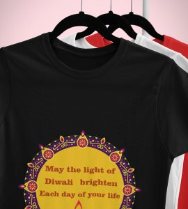 Small diyas surrounded mandala art printed diwali themed unisex round neck blended black t-shirt specially for diwali festival