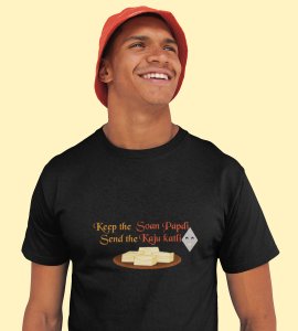 Keep the soan papdi text printed diwali themed unisex round neck blended black t-shirt specially for diwali festival