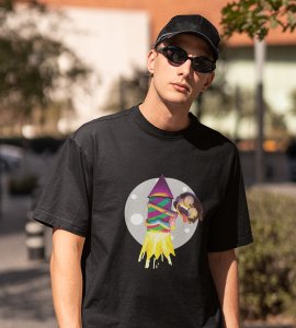 Rocket cracker printed diwali themed unisex round neck blended black t-shirt specially for diwali festival