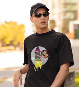 Rocket cracker printed diwali themed unisex round neck blended black t-shirt specially for diwali festival