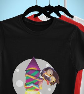 Rocket cracker printed diwali themed unisex round neck blended black t-shirt specially for diwali festival