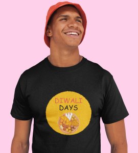 A plate of sweets printed diwali themed unisex round neck blended black t-shirt specially for diwali festival