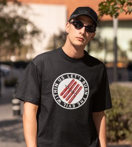 Let's burn the evil printed diwali themed unisex round neck blended black t-shirt specially for diwali festival