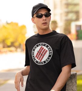 Let's burn the evil printed diwali themed unisex round neck blended black t-shirt specially for diwali festival