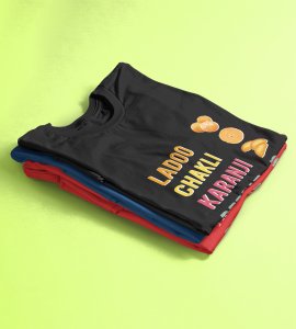 Colourful ladoo, chakli, karenji, repeat text printed diwali themed unisex round neck blended black t-shirt specially for diwali festival